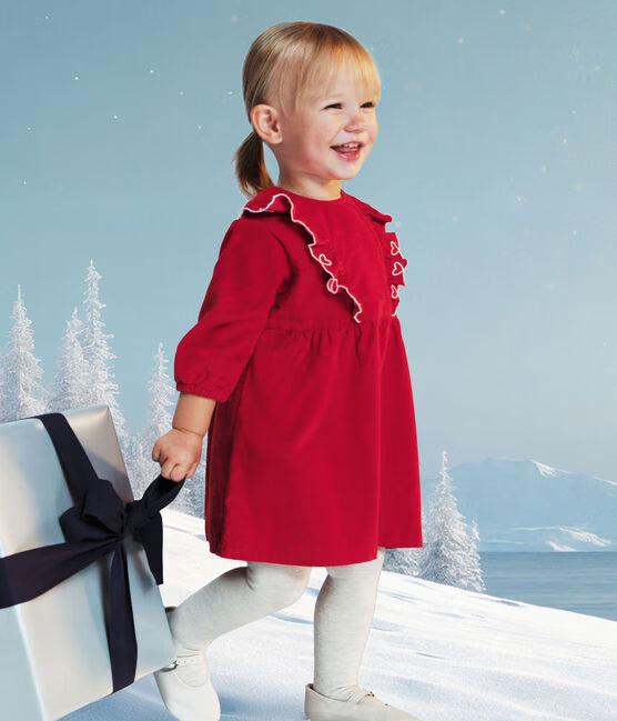 BABIES' LONG-SLEEVED PLAIN CORDUROY DRESS