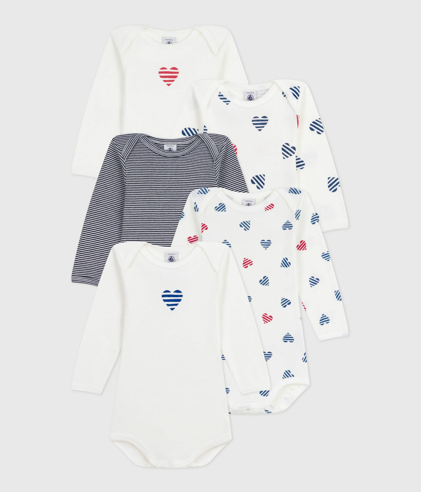 PACK OF LONG -SLEEVED HEART-PRINT COTTON BODIES FOR BABIES