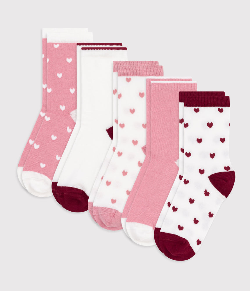 CHILDREN'S PLAIN AND HEART-PRINT COTTON SOCKS-5-PACK