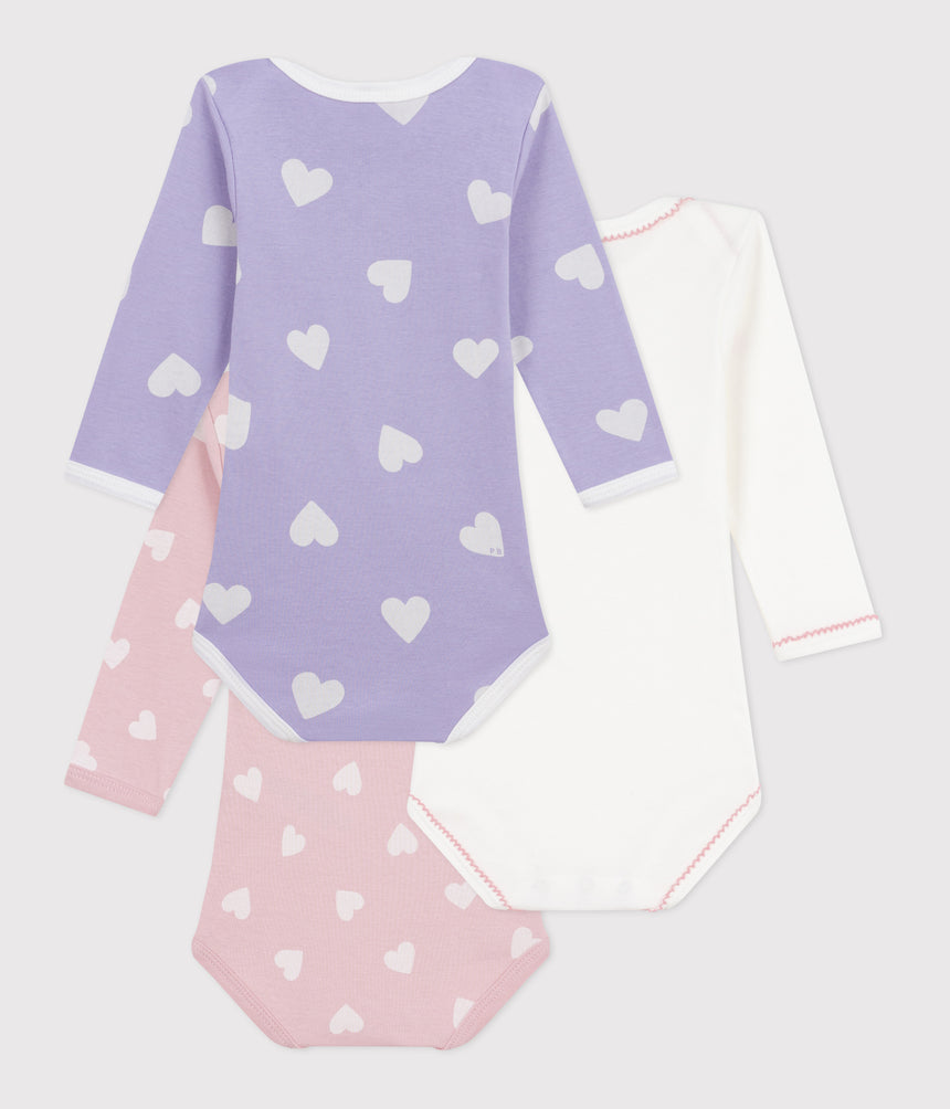 PACK OF LONG-SLEEVED HEART-PRINT COTTON BODIES FOR BABIES