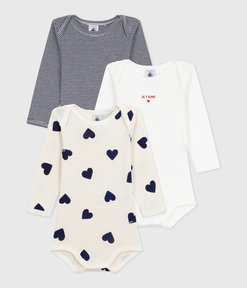 PACK OF LONG-SLEEVED HEART-PRINT COTTON BODIES FOR BABIES