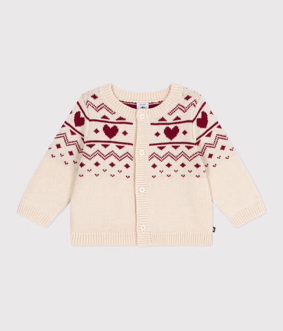 BABIES' HEART-PATTERN WOOL AND COTTON KNIT CARDIGAN