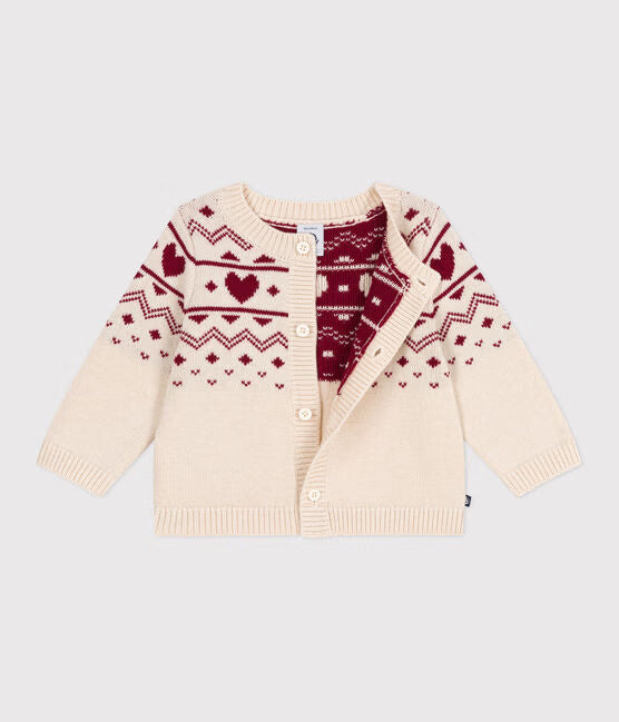 BABIES' HEART-PATTERN WOOL AND COTTON KNIT CARDIGAN