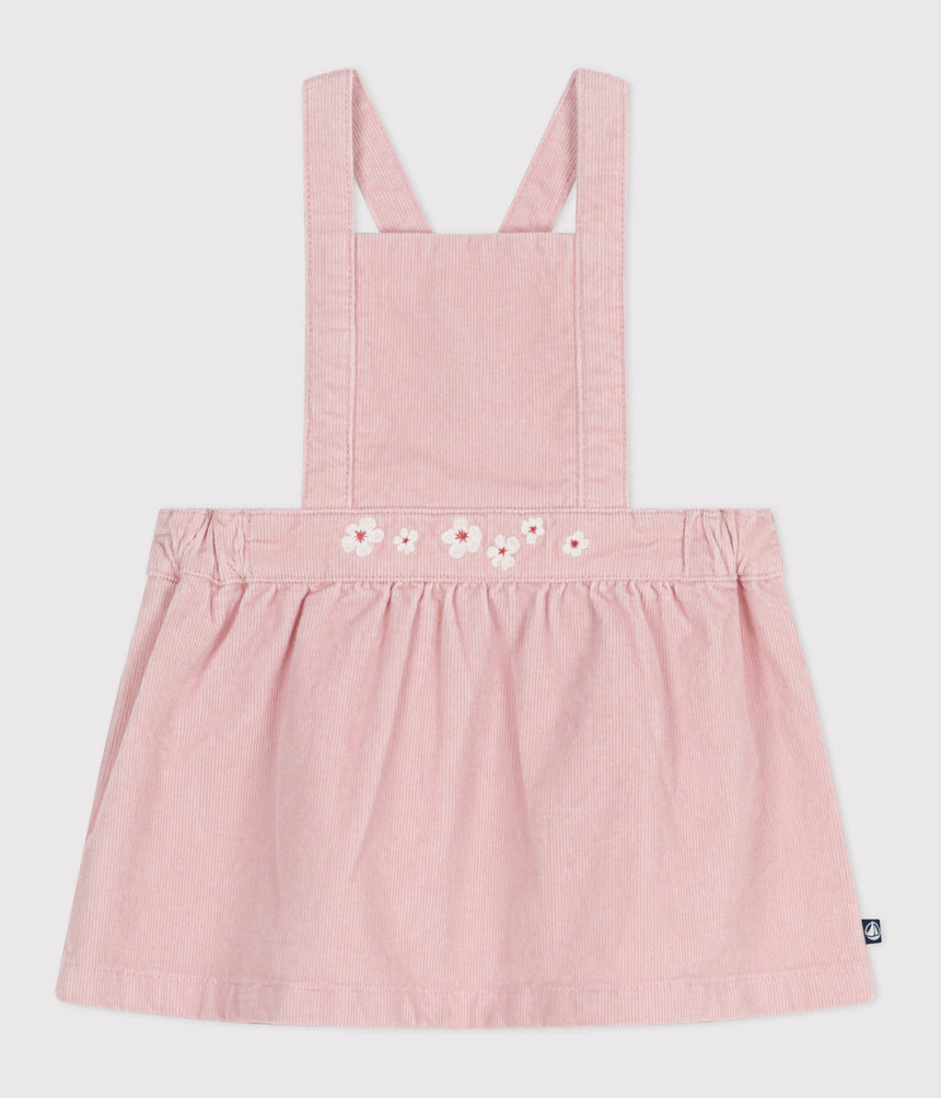 BABIES' DRESS IN CORDUROY EMBROIDERED WITH FLOWERS ON THE WAISTBAND
