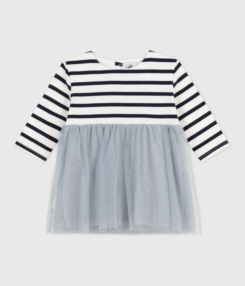 BABIES' LONG-SLEEVED DRESS IN TWO MATERIALS