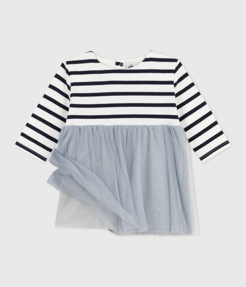 BABIES' LONG-SLEEVED DRESS IN TWO MATERIALS