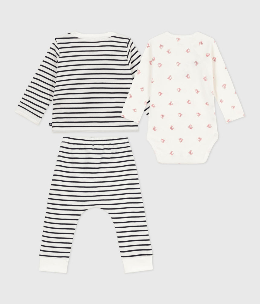BABIES 3-PIECE SET WITH A BRETON TOP AND A BODY PRINTED WITH BOATS
