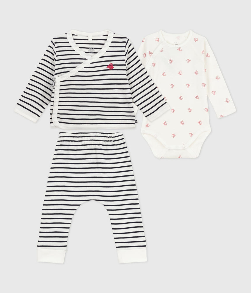 BABIES 3-PIECE SET WITH A BRETON TOP AND A BODY PRINTED WITH BOATS