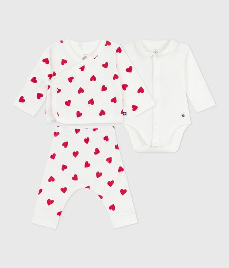 BABIES THREE PIECE HEART PRINT COTTON WRAP OVER TOP SET