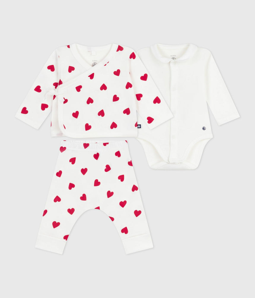 BABIES THREE PIECE HEART PRINT COTTON WRAP OVER TOP SET