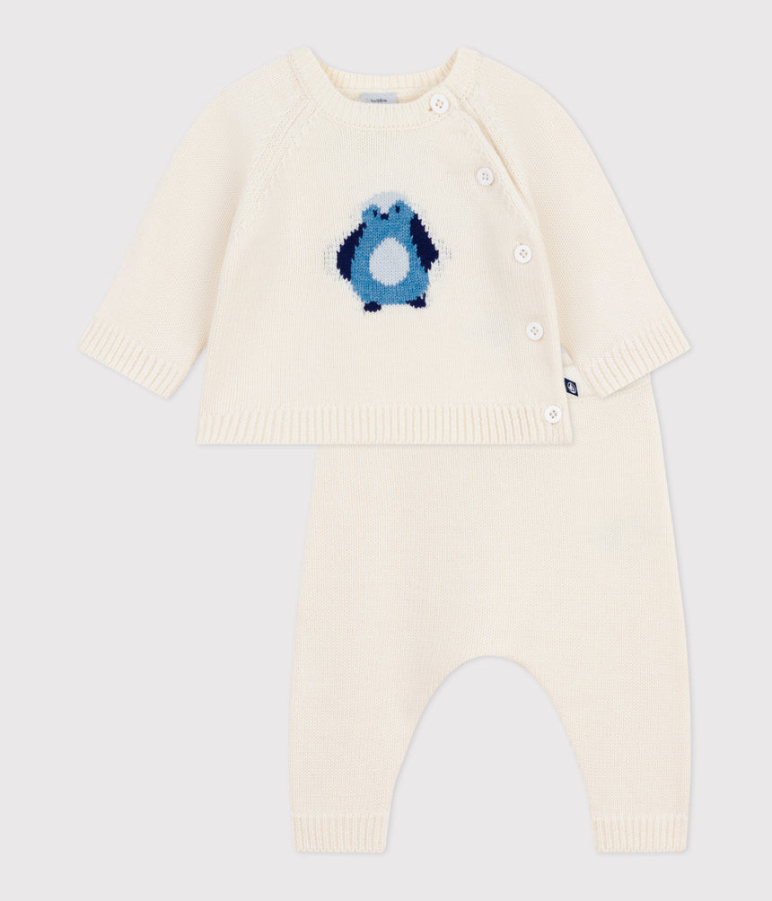 BABIES TWO-PIECE KNITTED OUTFIT WITH A PENGUIN PRINT