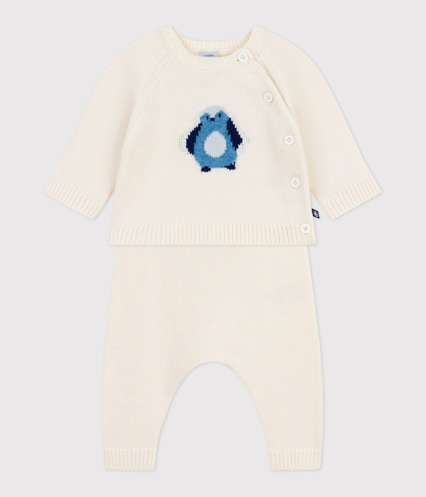 BABIES TWO-PIECE KNITTED OUTFIT WITH A PENGUIN PRINT