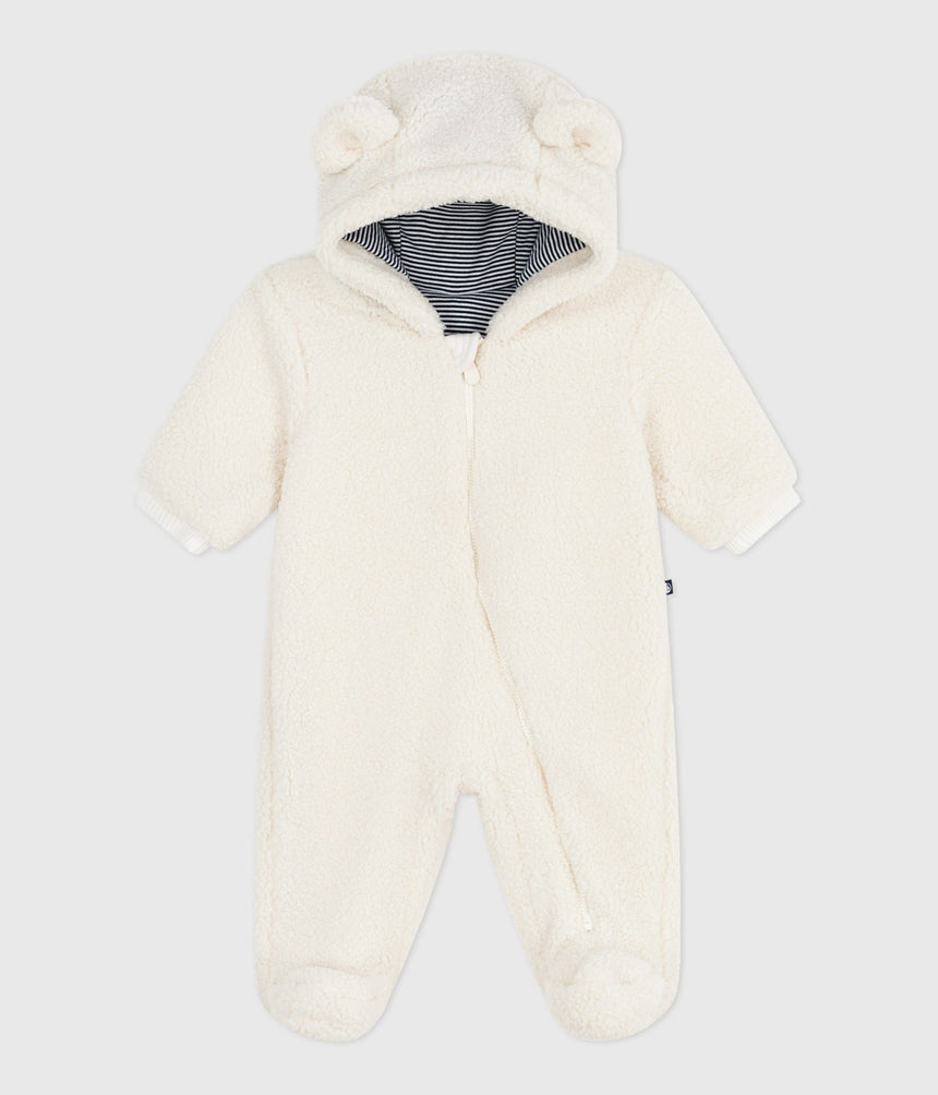 BABIES SHERPA SNOWSUIT WITH EARS AND PINSTRIPED LINING