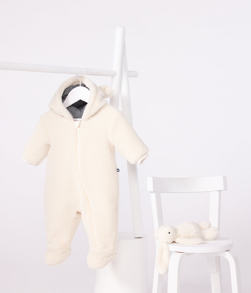 BABIES SHERPA SNOWSUIT WITH EARS AND PINSTRIPED LINING