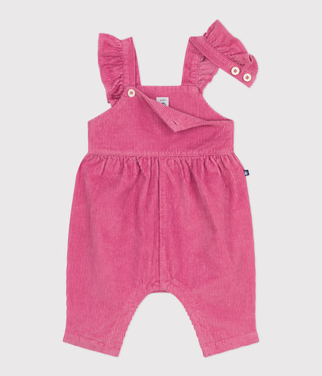 BABIES' DUNGAREES IN PLAIN CORDUROY WITH RUFFLES AND LONG LEGS