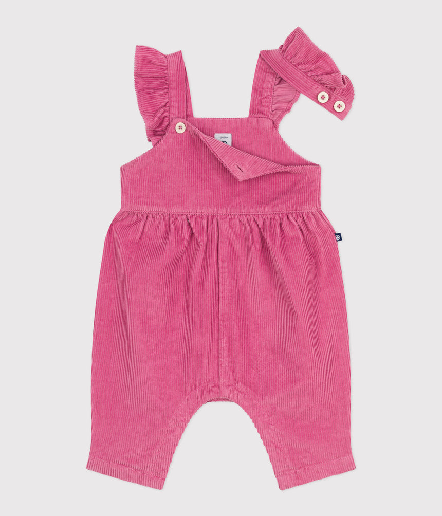 BABIES' DUNGAREES IN PLAIN CORDUROY WITH RUFFLES AND LONG LEGS