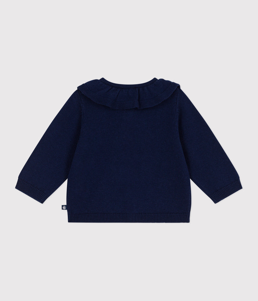 BABIES' PLAIN WOOL AND COTTON KNIT CARDIGAN WITH A COLLAR