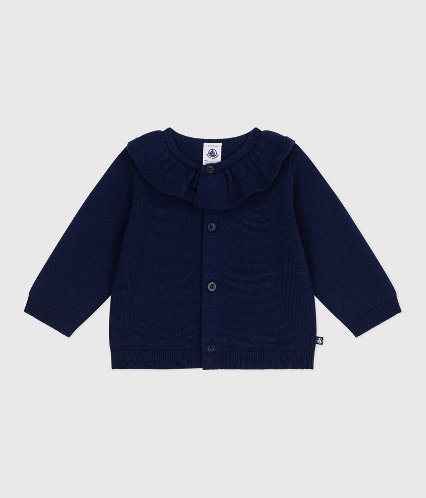 BABIES' PLAIN WOOL AND COTTON KNIT CARDIGAN WITH A COLLAR