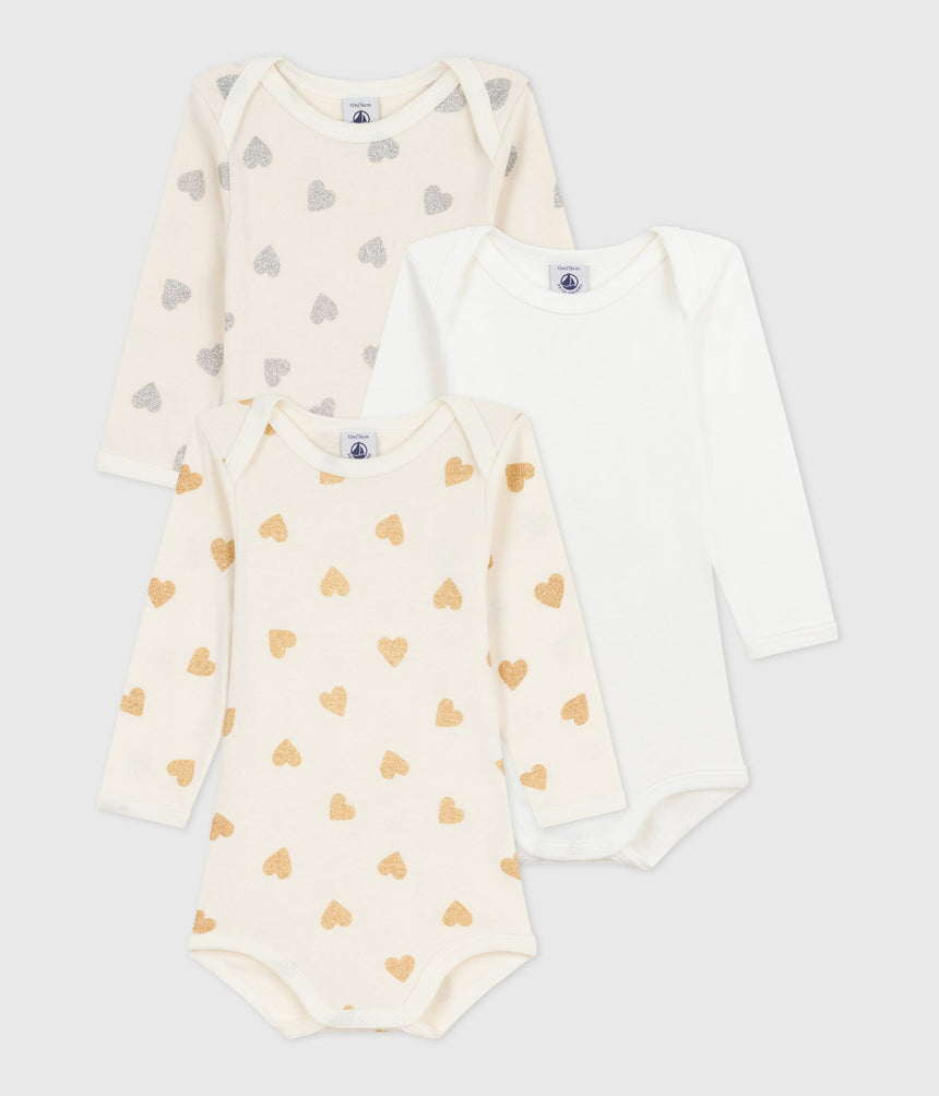 PACK OF BABIES' LONG-SLEEVED SEQUINNED HEART-PRINT COTTON BODIES