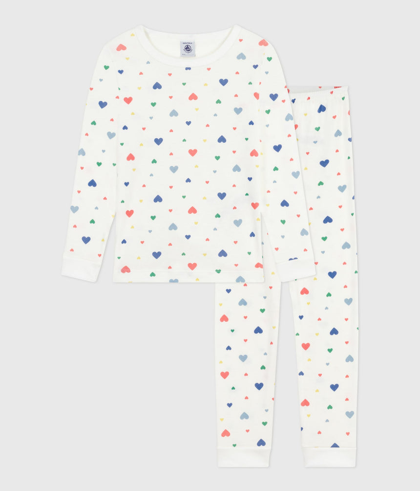 CHILDREN'S PYJAMAS IN COTTON WITH A HEART PRINT AND SUNG-FITTING LEGS