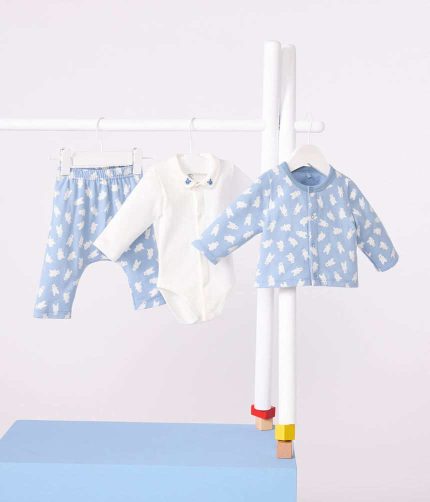 BABIES' THREE-PIECE BEAR PRINT SET, INCLUDING A BODY WITH AN EMBROIDERED COLLAR