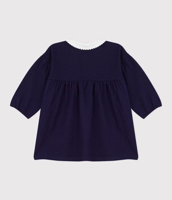 BABIES' LONG-SLEEVED PLAIN COTTON DRESS WITH EMBROIDERED DETAILS ON THE COLLAR