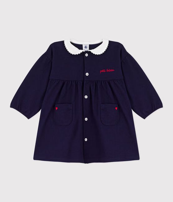 BABIES' LONG-SLEEVED PLAIN COTTON DRESS WITH EMBROIDERED DETAILS ON THE COLLAR