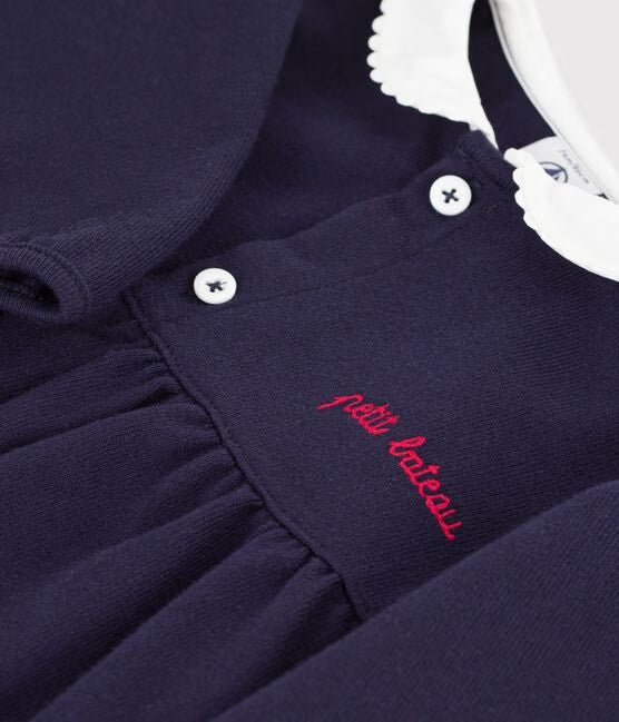 BABIES' LONG-SLEEVED PLAIN COTTON DRESS WITH EMBROIDERED DETAILS ON THE COLLAR