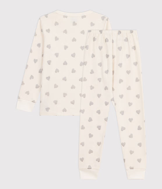 CHILDRENS SILVERY HEART PRINT COTTON PYJAMAS