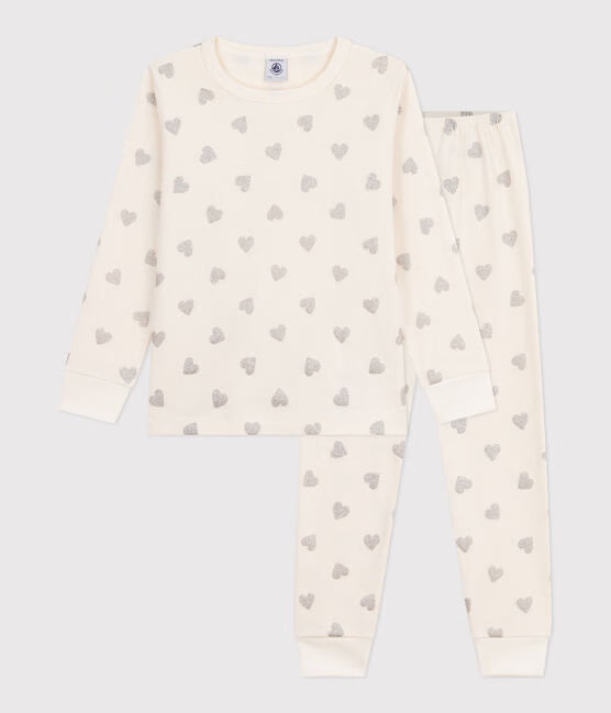 CHILDRENS SILVERY HEART PRINT COTTON PYJAMAS
