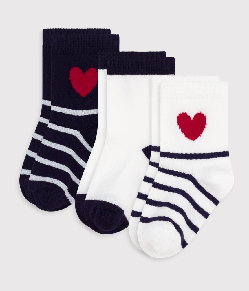 BABIES' COTTON SOCKS WITH STRIPES AND HEARTS-3-PACK