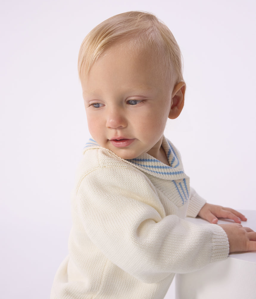 BABIES' STRIPY COTTON JUMPER WITH A SHAWL COLLAR