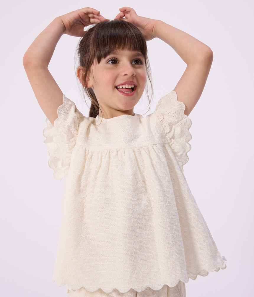 CHILDREN'S SHORT-SLEEVED COTTON BLOUSE WITH A HEART PATTERN