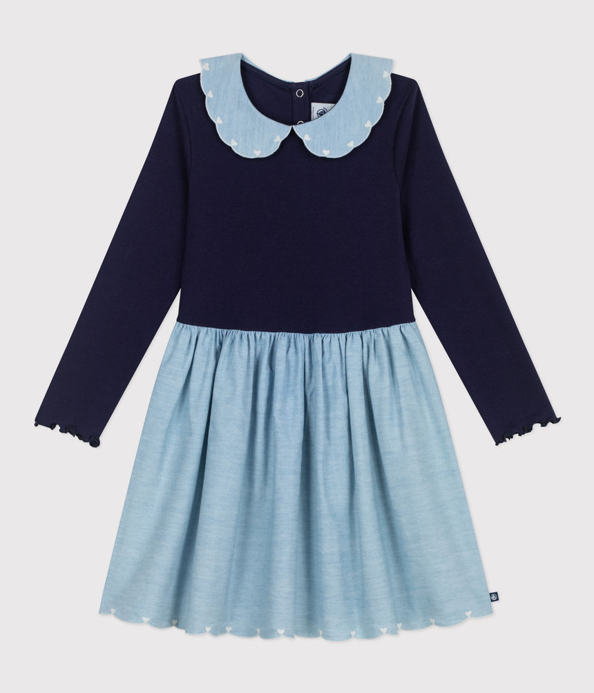 GIRLS' LONG-SLEEVED COTTON DRESS IN TWO MATERIALS