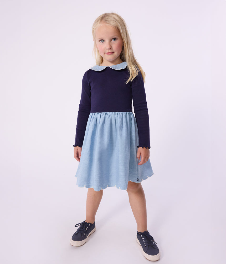 GIRLS' LONG-SLEEVED COTTON DRESS IN TWO MATERIALS