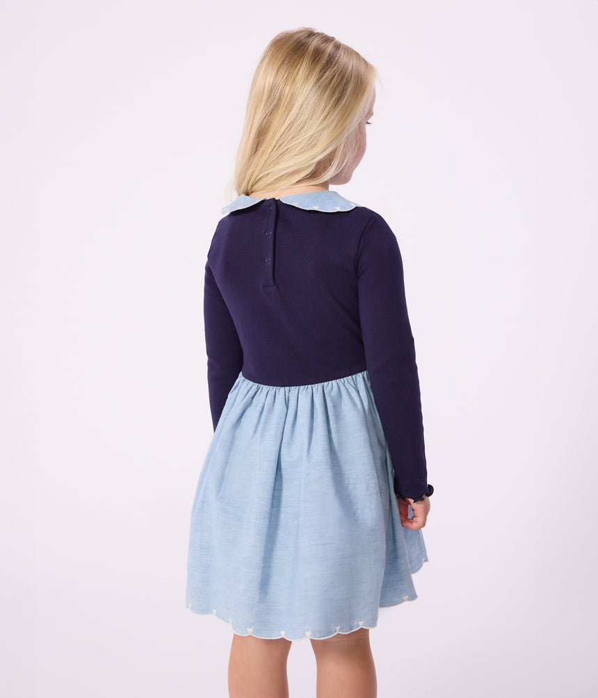GIRLS' LONG-SLEEVED COTTON DRESS IN TWO MATERIALS