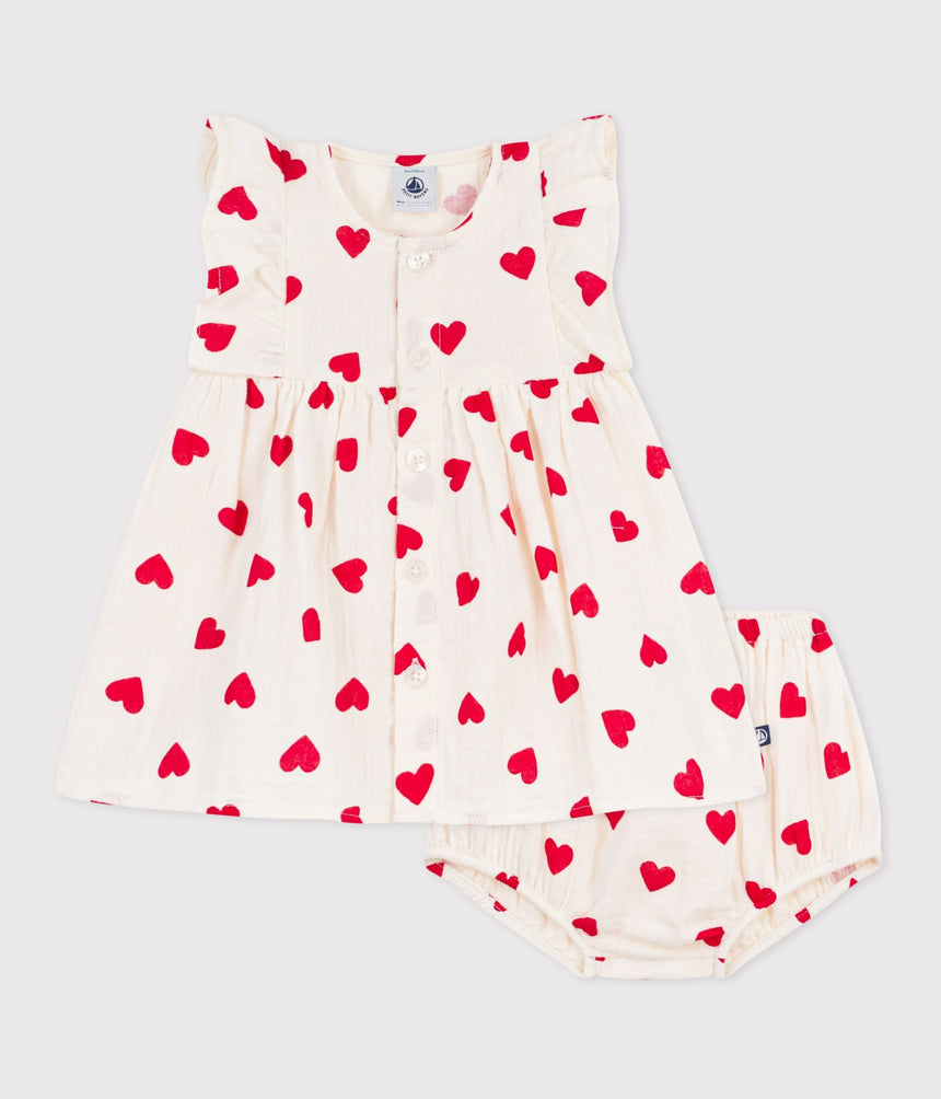 BABIES' COTTON BABY DRESS WITH BLOOMERS, PRINTED WITH HEARTS