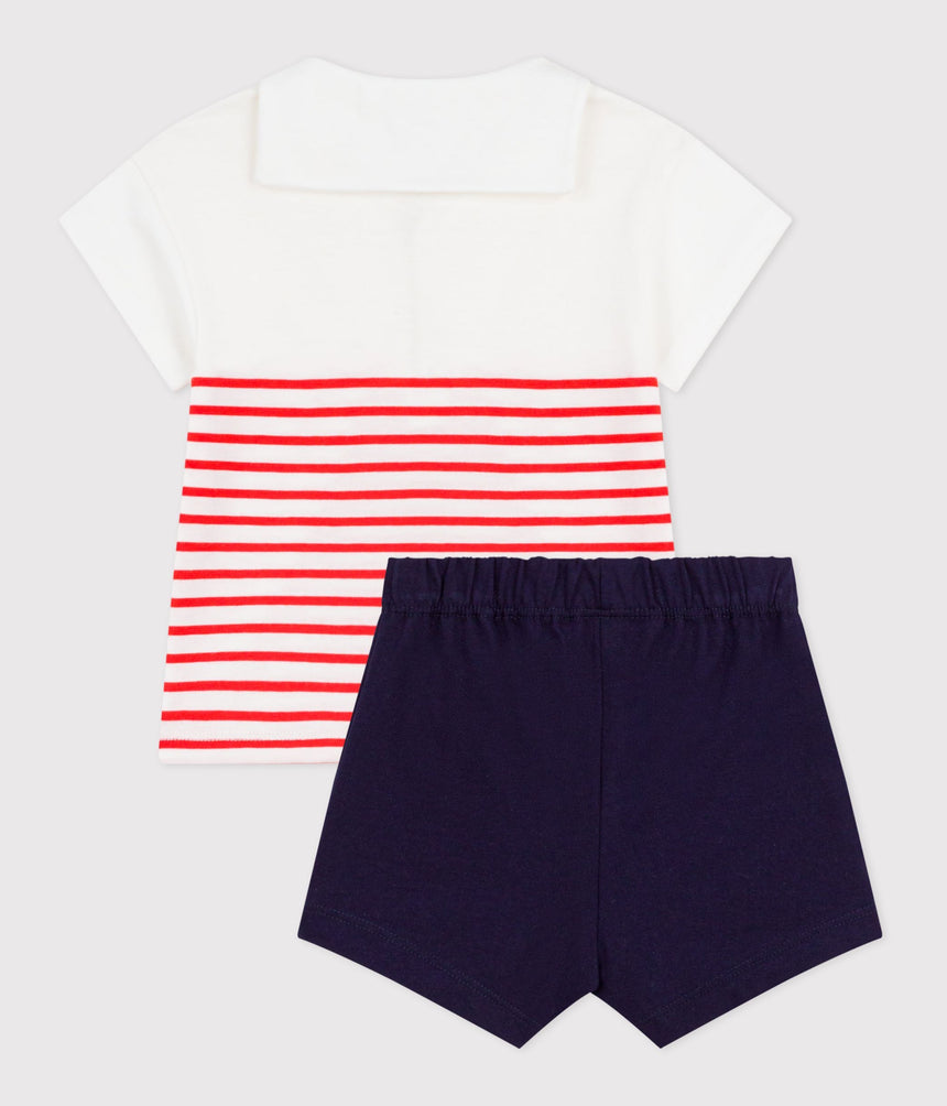 BABIES' 2-PIECE COTTON OUTFIT, THE T-SHIRT TOP HAS A SAILOR COLLAR