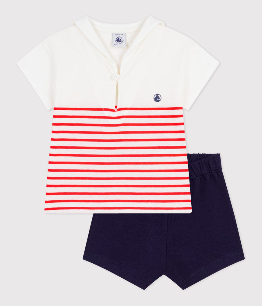 BABIES' 2-PIECE COTTON OUTFIT, THE T-SHIRT TOP HAS A SAILOR COLLAR