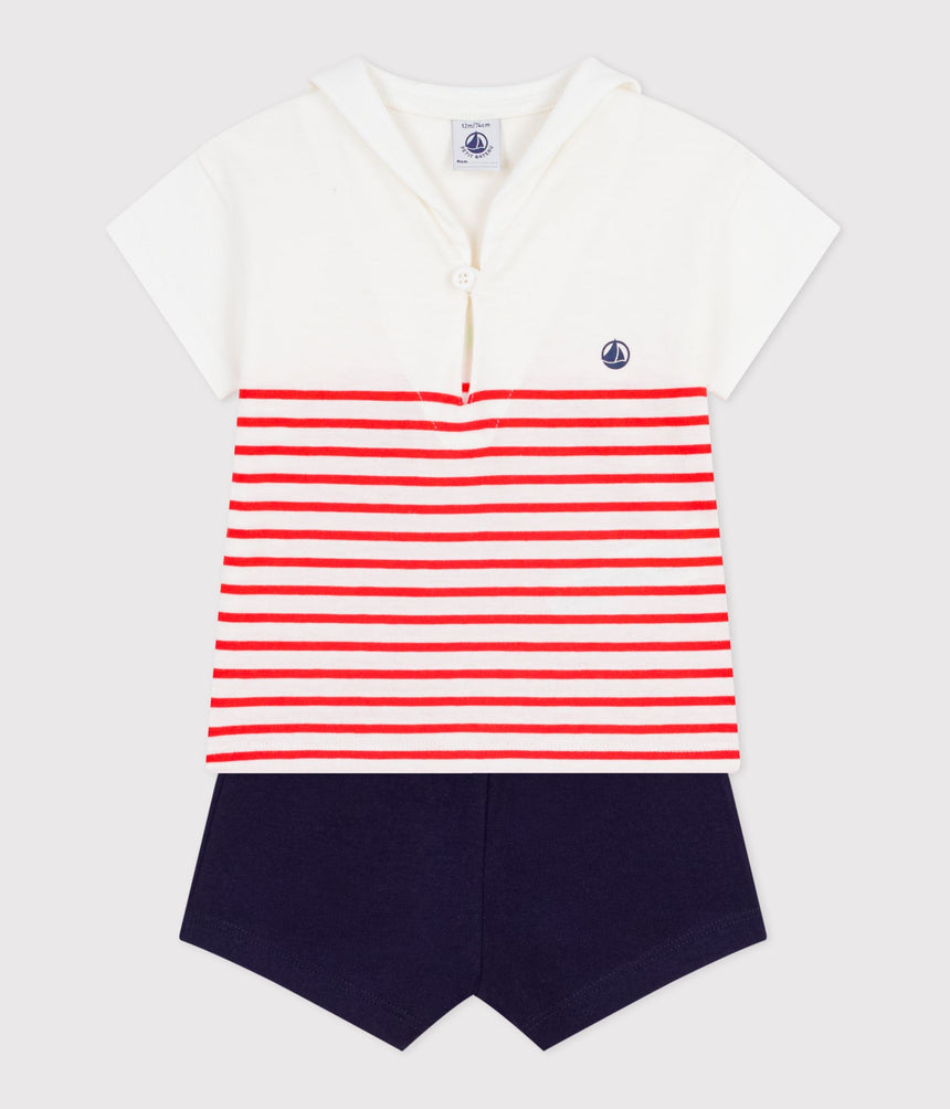 BABIES' 2-PIECE COTTON OUTFIT, THE T-SHIRT TOP HAS A SAILOR COLLAR
