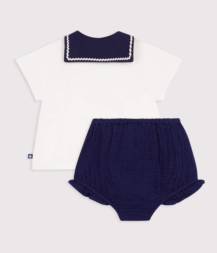 BABIES' 2-PIECE COTTON OUTFIT, THE T-SHIRT TOP HAS A SAILOR COLLAR