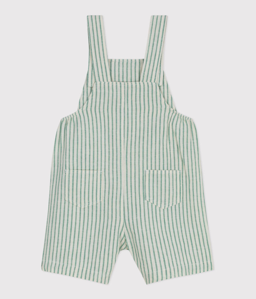 BABIES' SHORT-LEGGED STRIPY COTTON/LINEN DUNGAREES