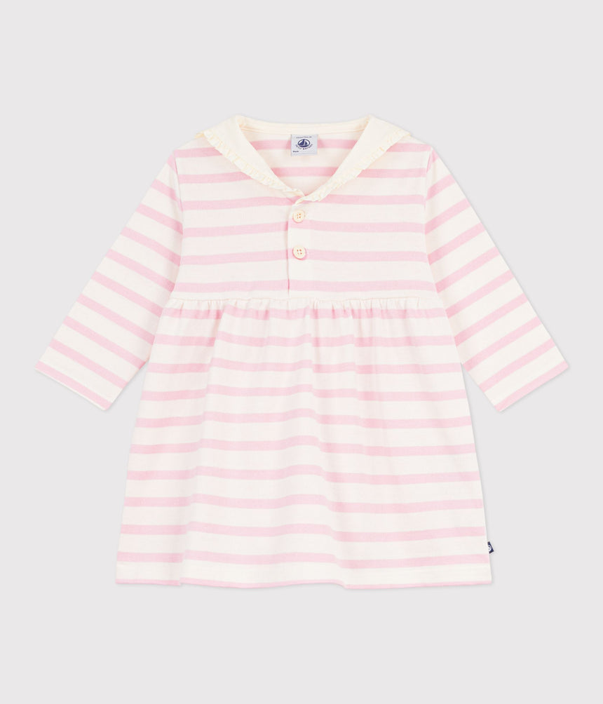 BABIES' BRETON STRIPE COTTON DRESS WITH LONG SLEEVES AND A SAILOR COLLAR