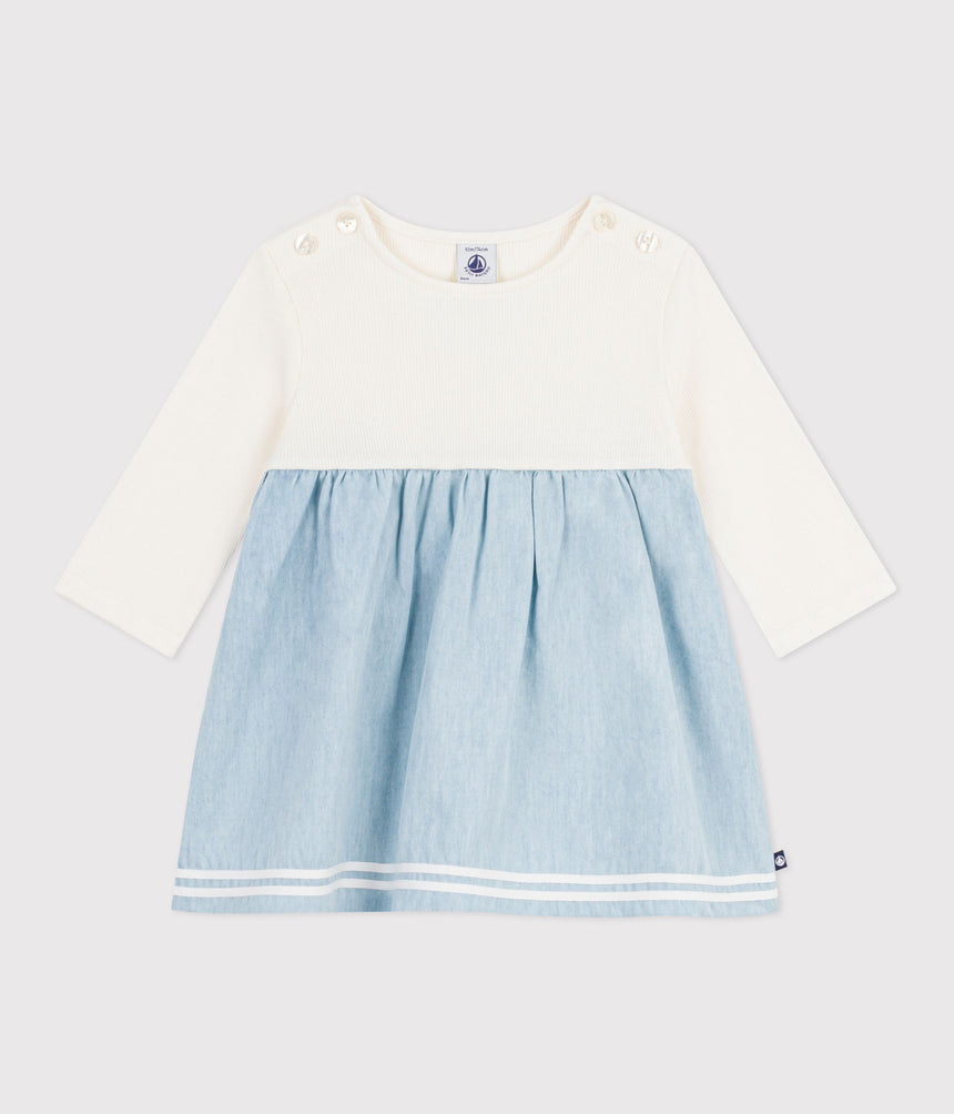 BABIES' LONG-SLEEVED DRESS IN TWO MATERIALS, COTTON AND CHAMBRAY