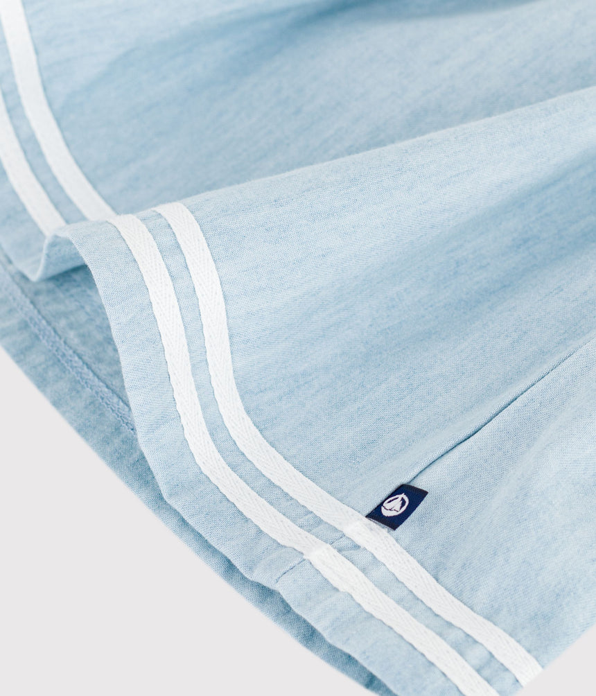 BABIES' LONG-SLEEVED DRESS IN TWO MATERIALS, COTTON AND CHAMBRAY