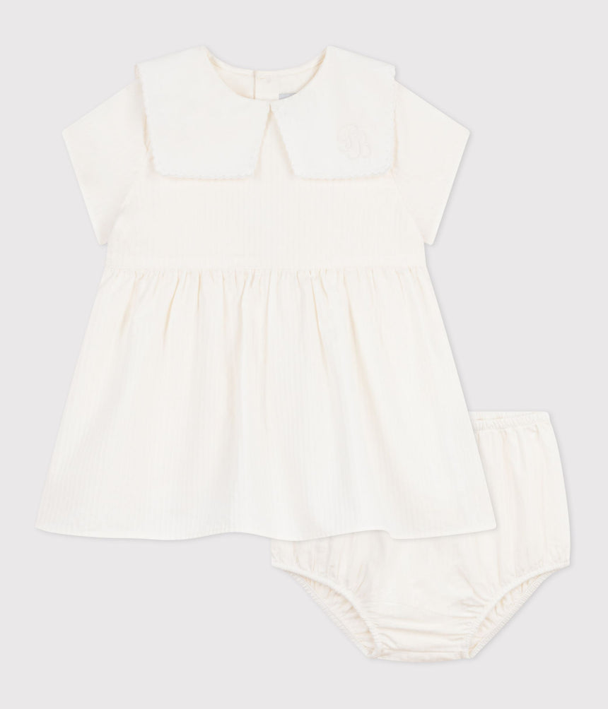 BABIES' DRESS IN COTTON/LINEN WITH SHORT SLEEVES AND BLOOMERS