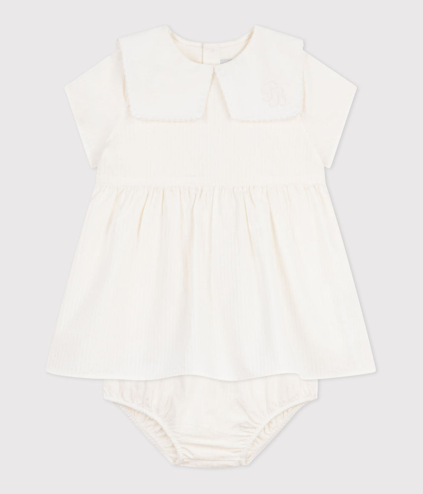 BABIES' DRESS IN COTTON/LINEN WITH SHORT SLEEVES AND BLOOMERS