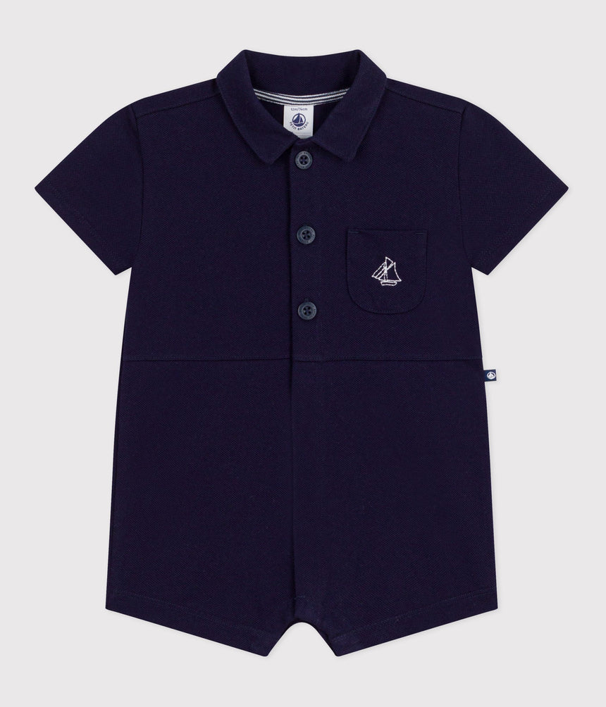 BABIES' SHORT PLAIN COTTON JUMPSUIT WITH A POLO COLLAR