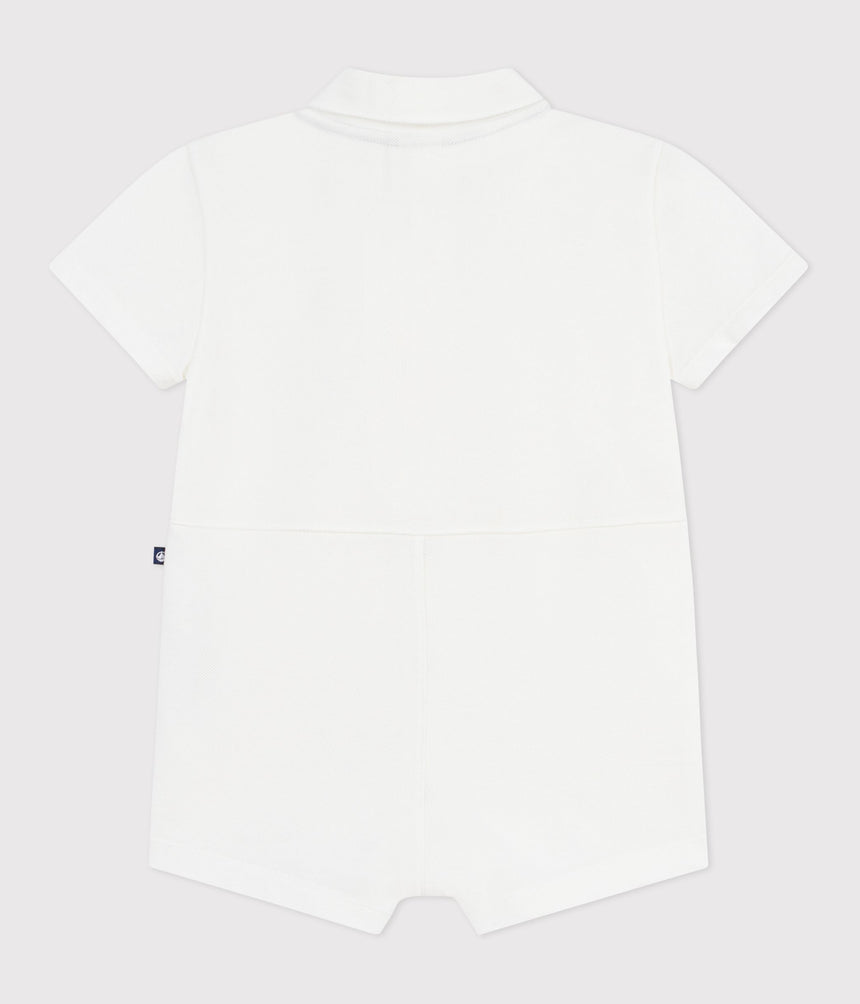 BABIES' SHORT PLAIN COTTON JUMPSUIT WITH A POLO COLLAR
