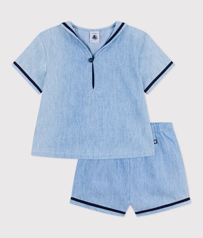 BABIES' 2-PIECE SET IN CHAMBRAY INCLUDING A T-SHIRT WITH A SAILOR COLLAR